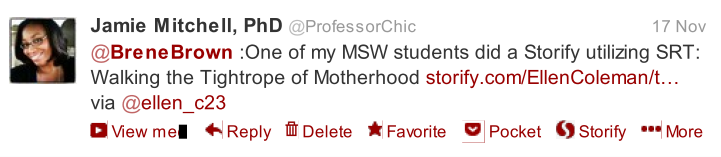 Dr. Mitchell's tweet about a student's Storify assignment. 