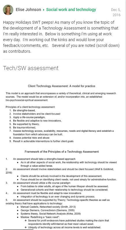 Elise Johnson's Post about her Tech/SW Assessment in 2016