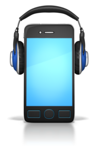 A mobile phone with head phones to represent a podcast.