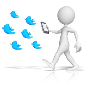 Cartoon Graphic on person holding a cell phone and walking while twitter birds lead